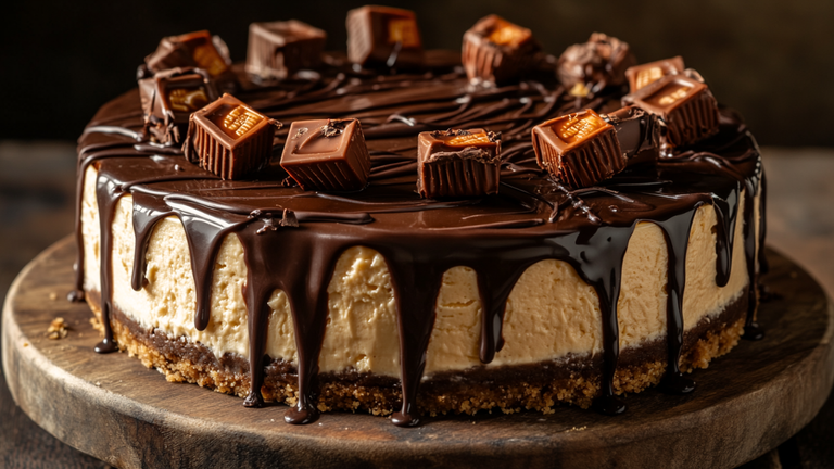 Whole Ultimate Peanut Butter Cup Reese's Cheesecake topped with chocolate ganache and peanut butter cups