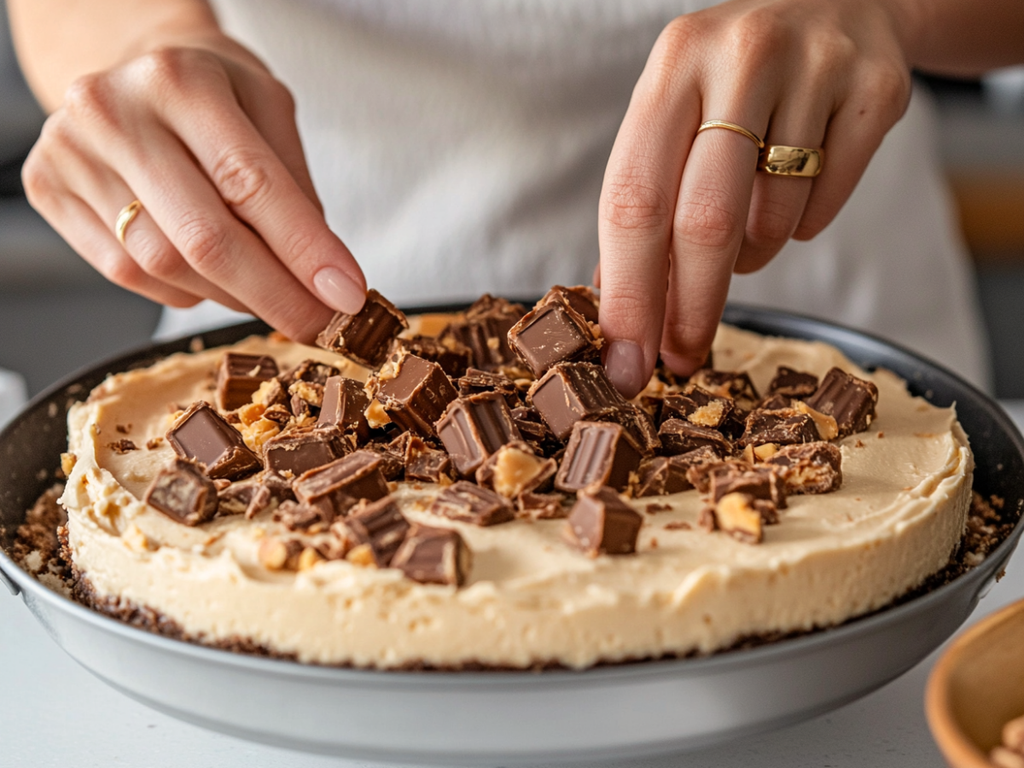 Baker folding chopped Reese's peanut butter cups into creamy cheesecake batter