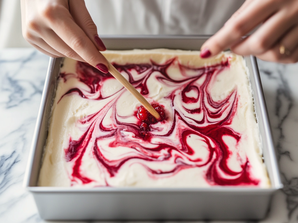 No-Bake Raspberry Cheesecake Bars with graham crust and red fruit swirl