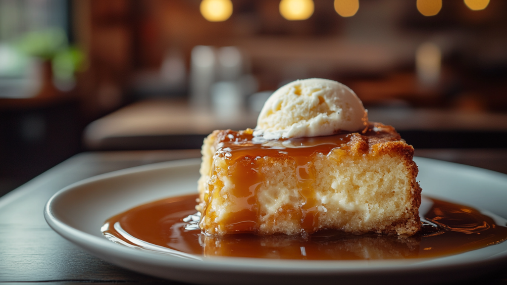 Warm serving of Traditional Quebecois Pouding Chômeur topped with vanilla ice cream