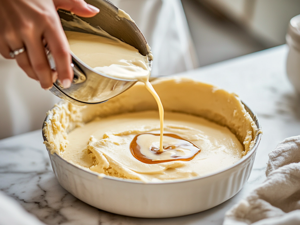 Warm serving of Traditional Quebecois Pouding Chômeur topped with vanilla ice cream