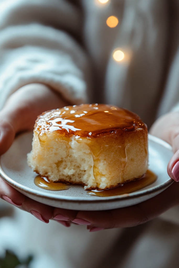 Warm serving of Traditional Quebecois Pouding Chômeur topped with vanilla ice cream