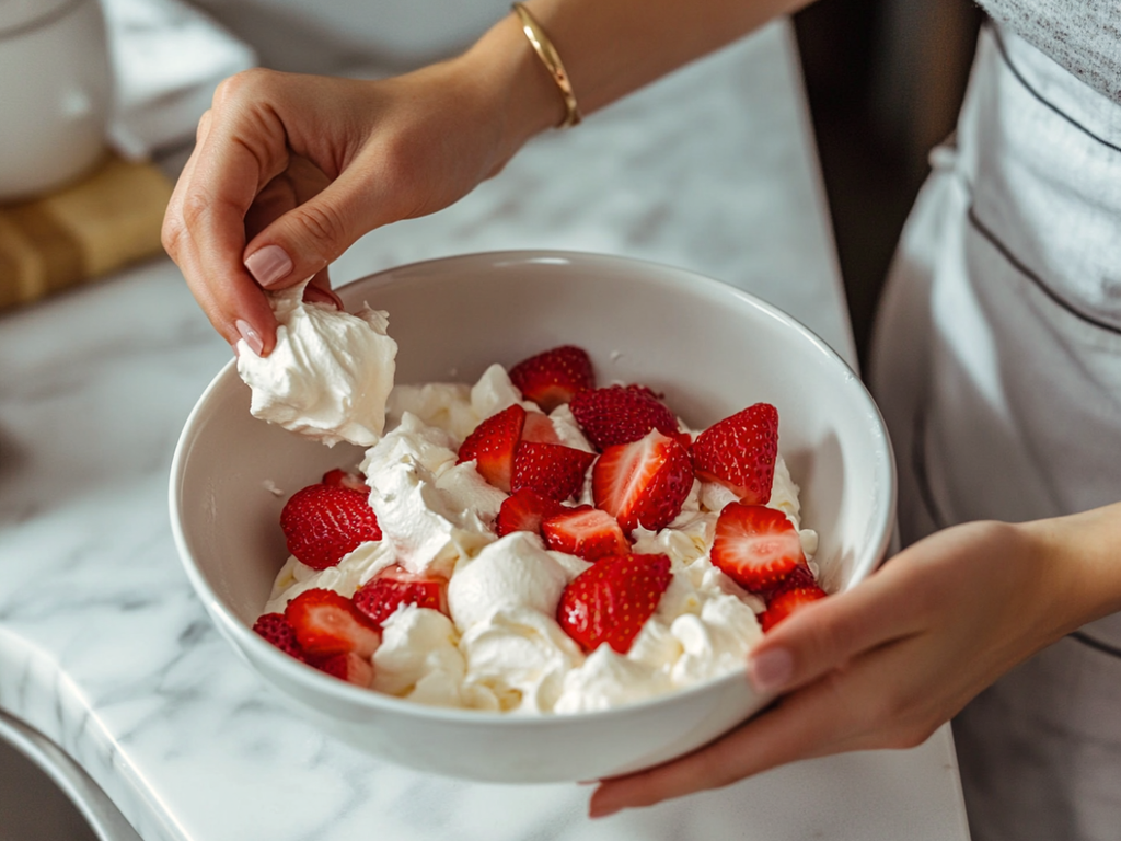 Traditional English Eton Mess served in a glass dish with fresh strawberries