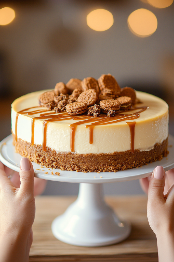 No-Bake Classic Biscoff Speculoos Cheesecake showing spiced biscuit crust and creamy filling