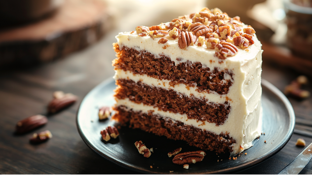 Slice of Ultimate Classic Carrot Cake topped with pecans and cream cheese frosting