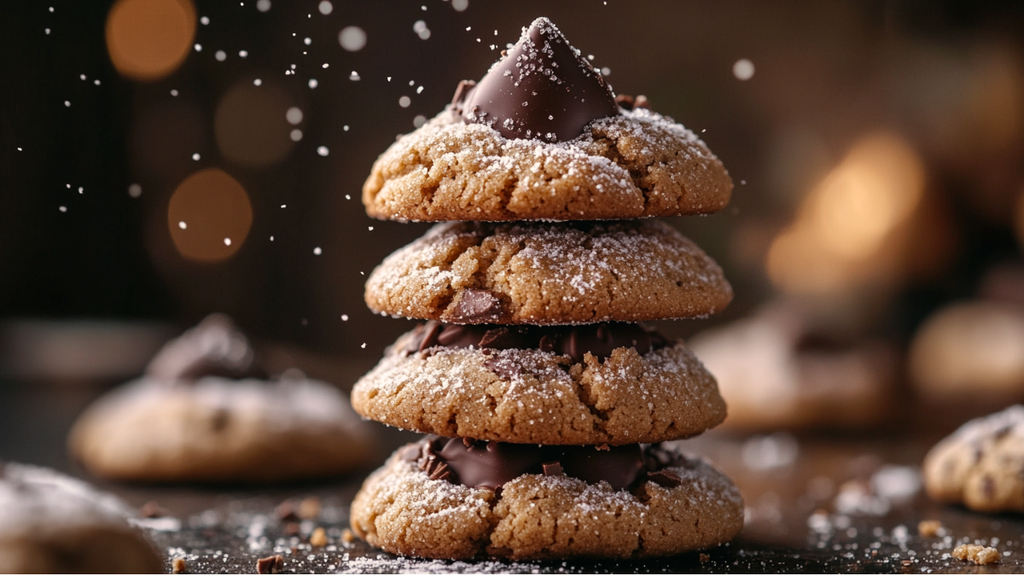 Stack of Classic Peanut Butter Blossoms topped with chocolate kisses