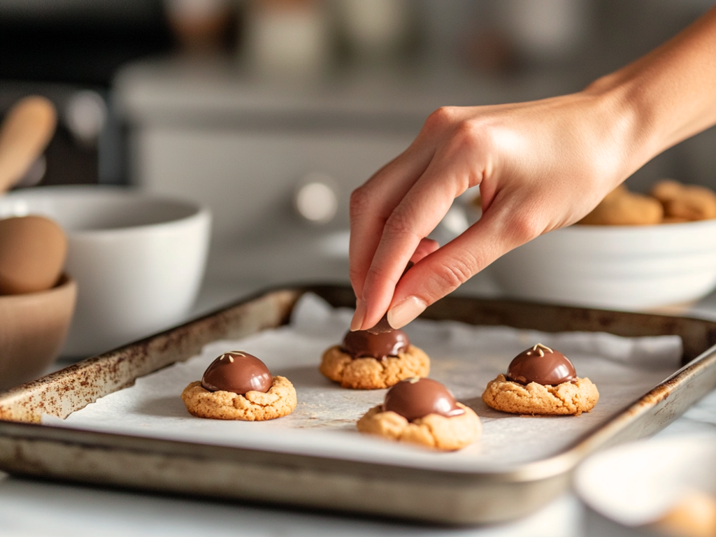 Stack of Classic Peanut Butter Blossoms topped with chocolate kisses