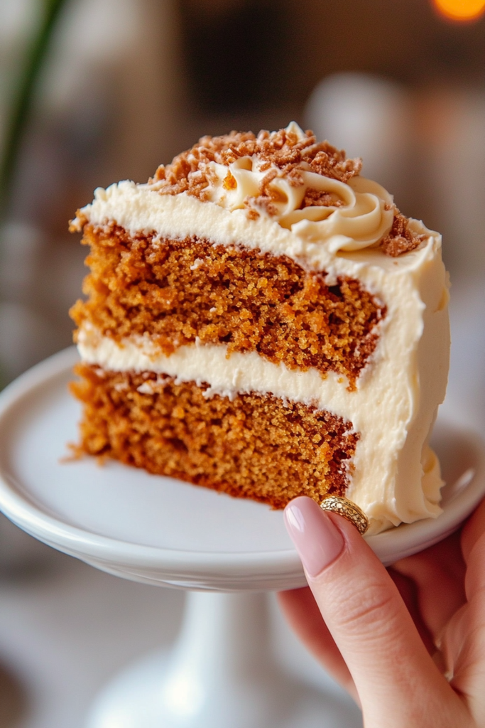 Slice of Ultimate Classic Carrot Cake topped with pecans and cream cheese frosting