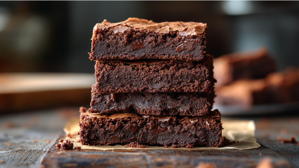 Stack of Fudgy One-Bowl Chocolate Brownies with shiny crackly tops