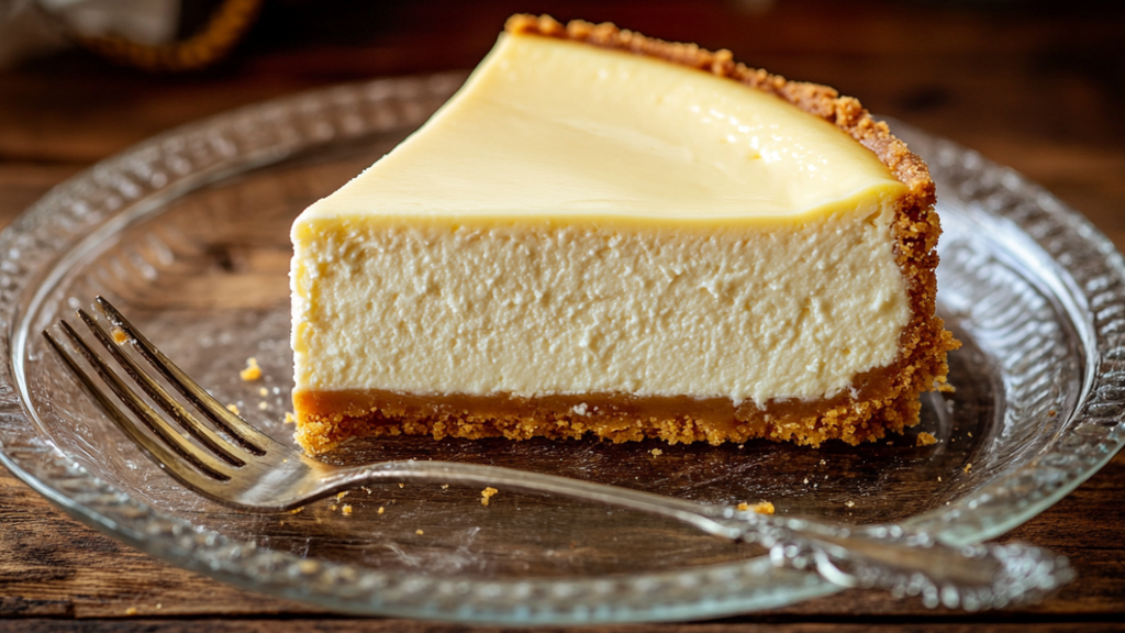 Whole Classic New York Baked Cheesecake garnished with fresh mint on a serving plate