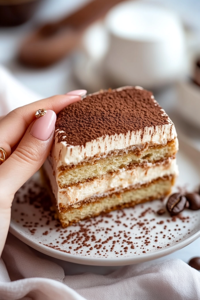 Slice of Decadent Tiramisu Layer Cake with espresso sponge and mascarpone cream