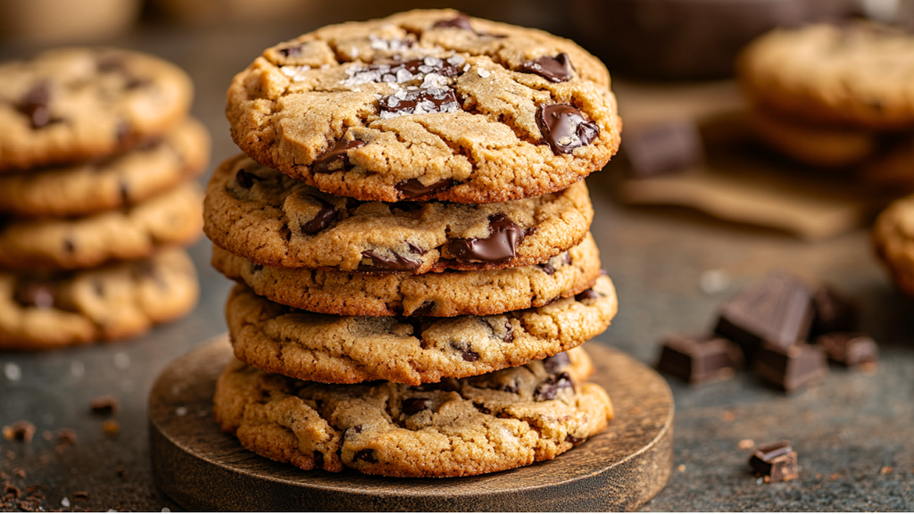 Stack of Ultimate Chewy Chocolate Chip Cookies with melted chocolate chunks