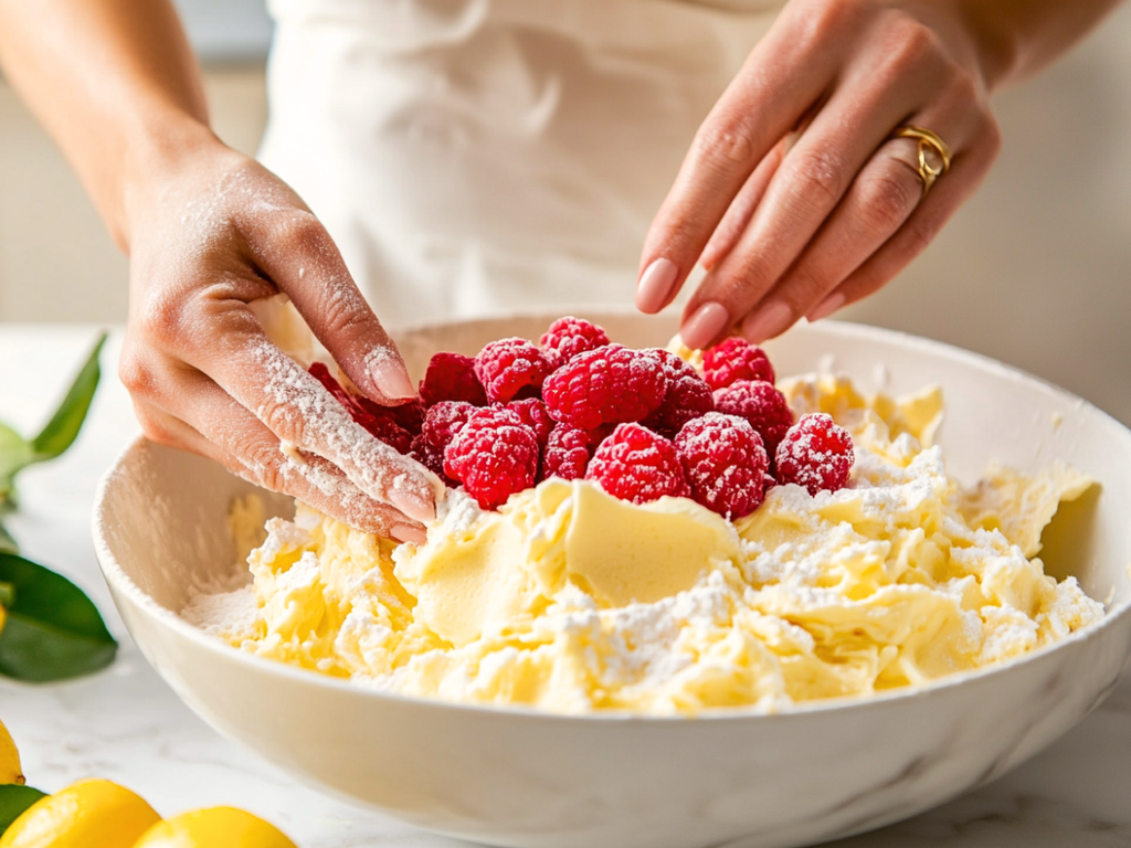 Slice of Refreshing Raspberry Lemon Cake with pink buttercream and fresh berries