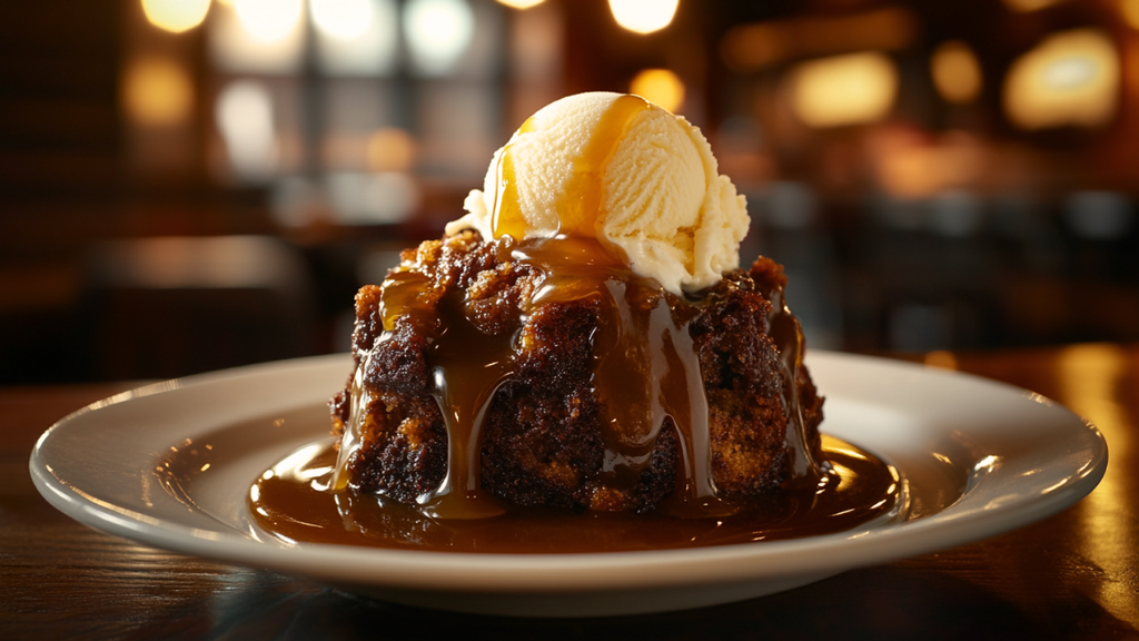 Warm slice of Authentic Sticky Toffee Pudding topped with vanilla ice cream and toffee sauce