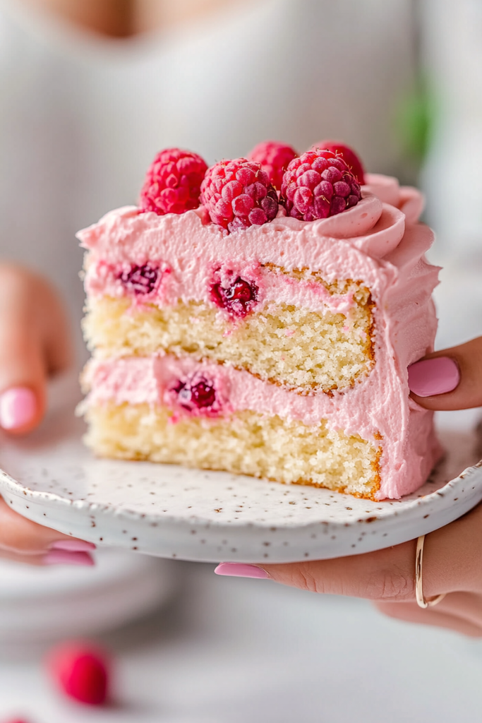 Slice of Refreshing Raspberry Lemon Cake with pink buttercream and fresh berries