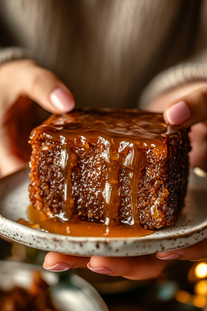 Warm slice of Authentic Sticky Toffee Pudding topped with vanilla ice cream and toffee sauce