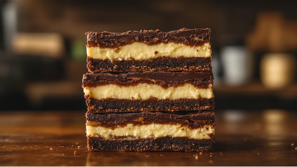 Stack of Classic Canadian Nanaimo Bars showing the three distinct layers