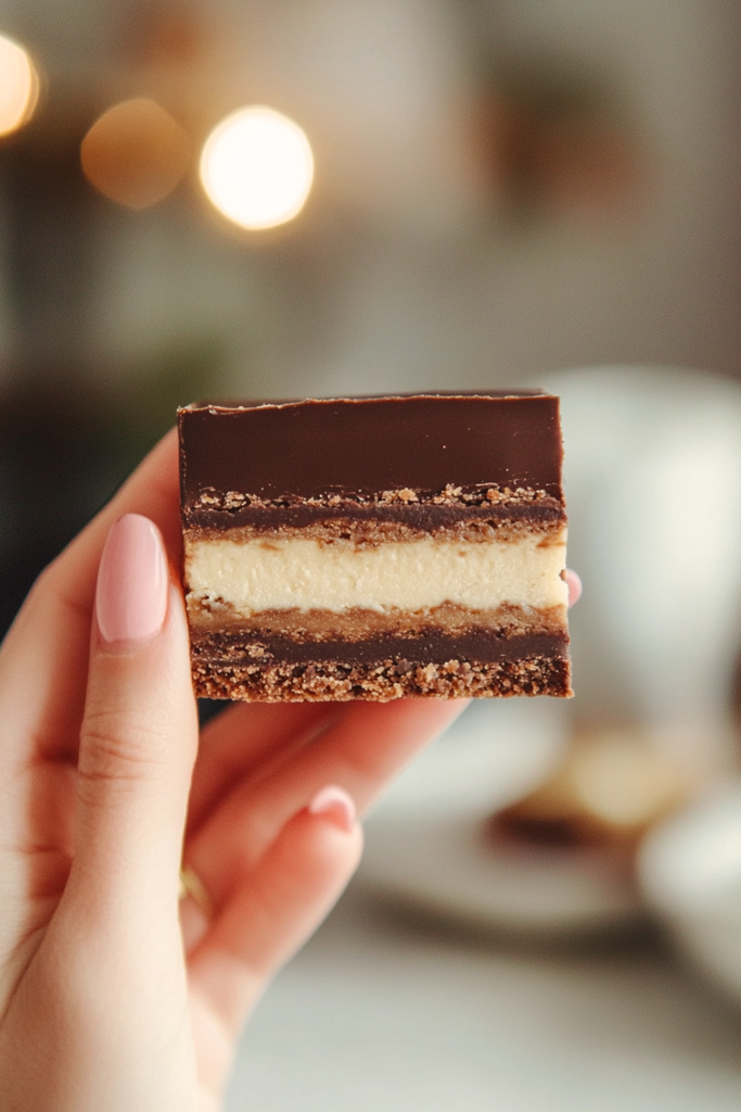 Stack of Classic Canadian Nanaimo Bars showing the three distinct layers