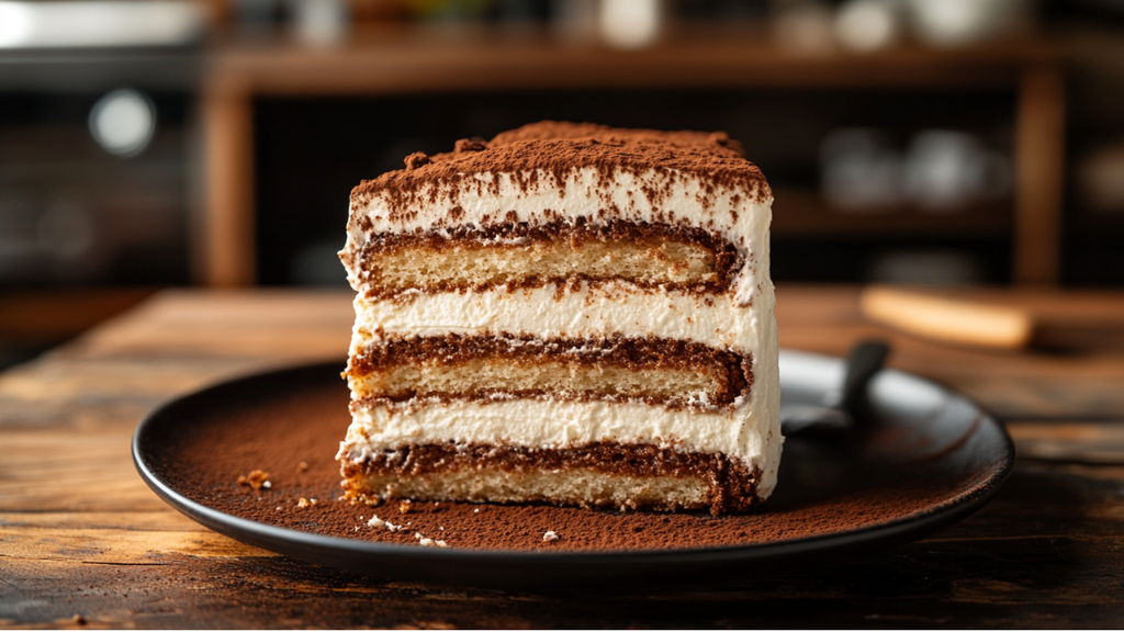 Slice of Decadent Tiramisu Layer Cake with espresso sponge and mascarpone cream