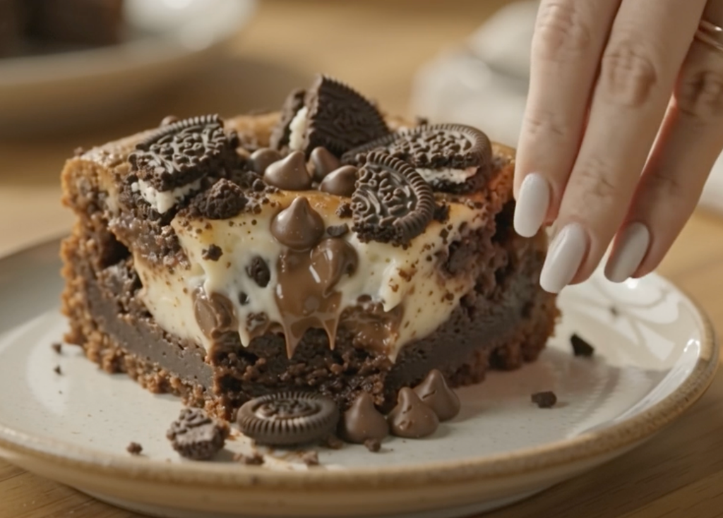 Slice of Oreo Earthquake Cake with cream cheese swirl and crushed Oreos