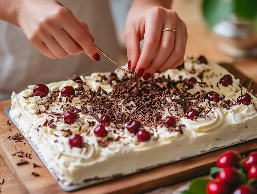 Square slice of Easy Black Forest Sheet Cake topped with cherries and chocolate curls