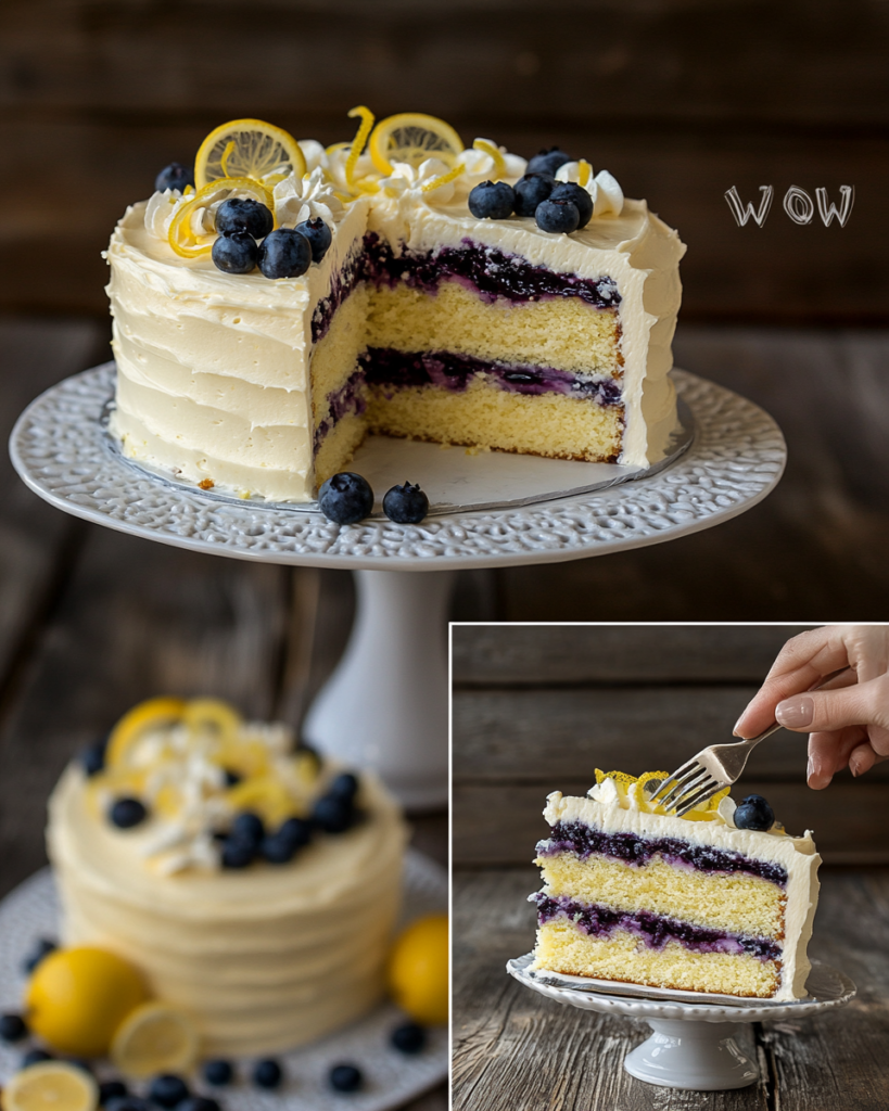 Slice of Lemon Blueberry Cake topped with fresh blueberries and lemon zest