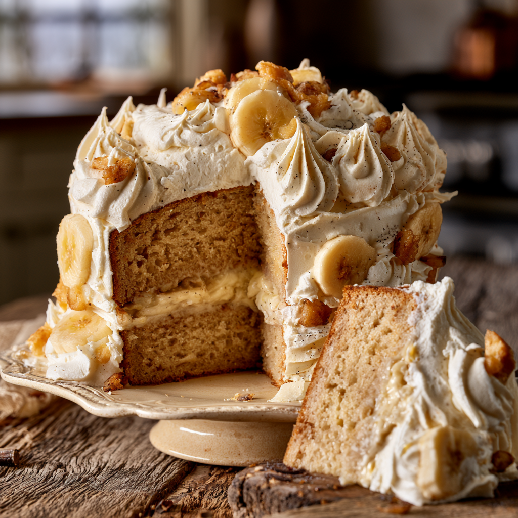 Slice of Banana Cream Cake with fluffy whipped cream and fresh banana slices