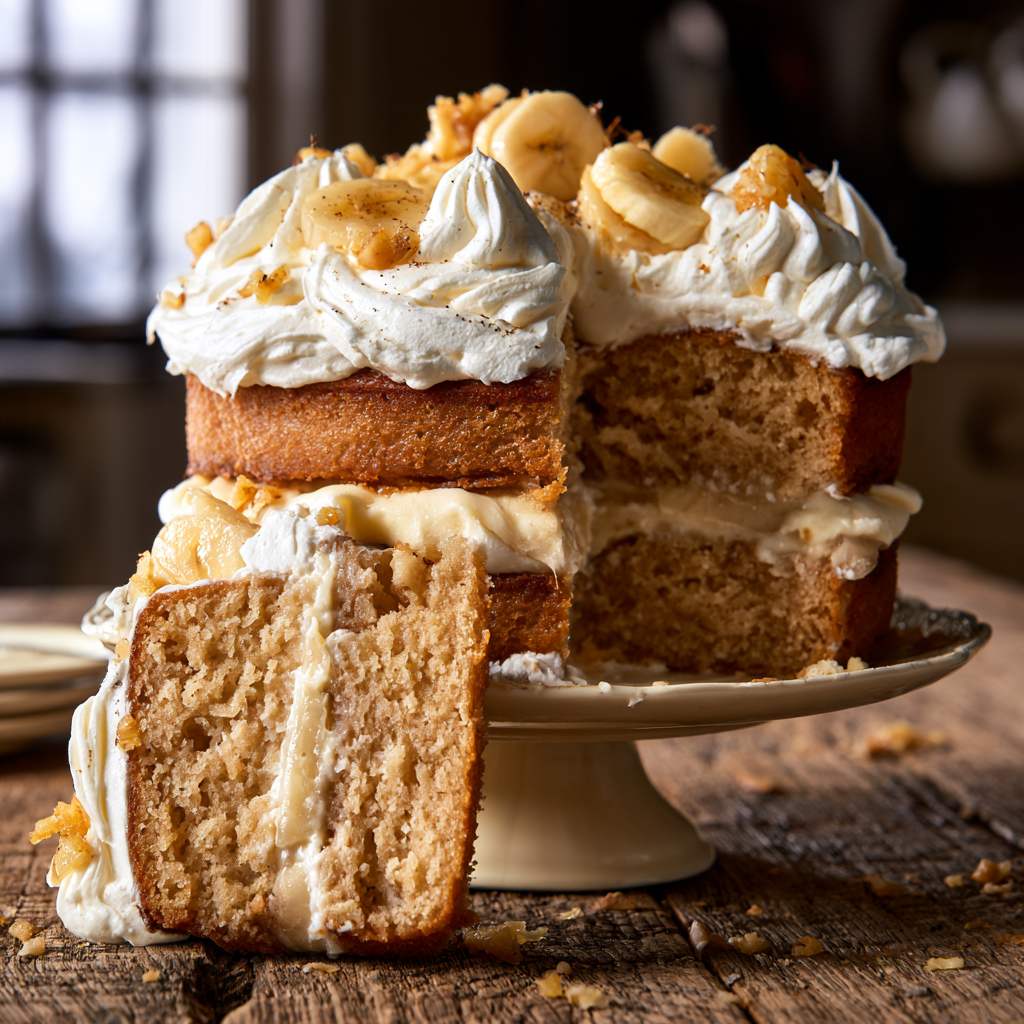 Slice of Banana Cream Cake with fluffy whipped cream and fresh banana slices