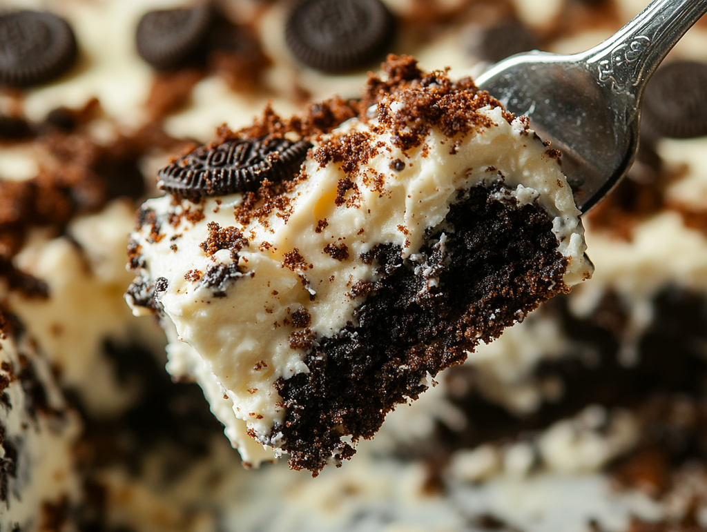 Slice of Oreo Earthquake Cake with cream cheese swirl and crushed Oreos
