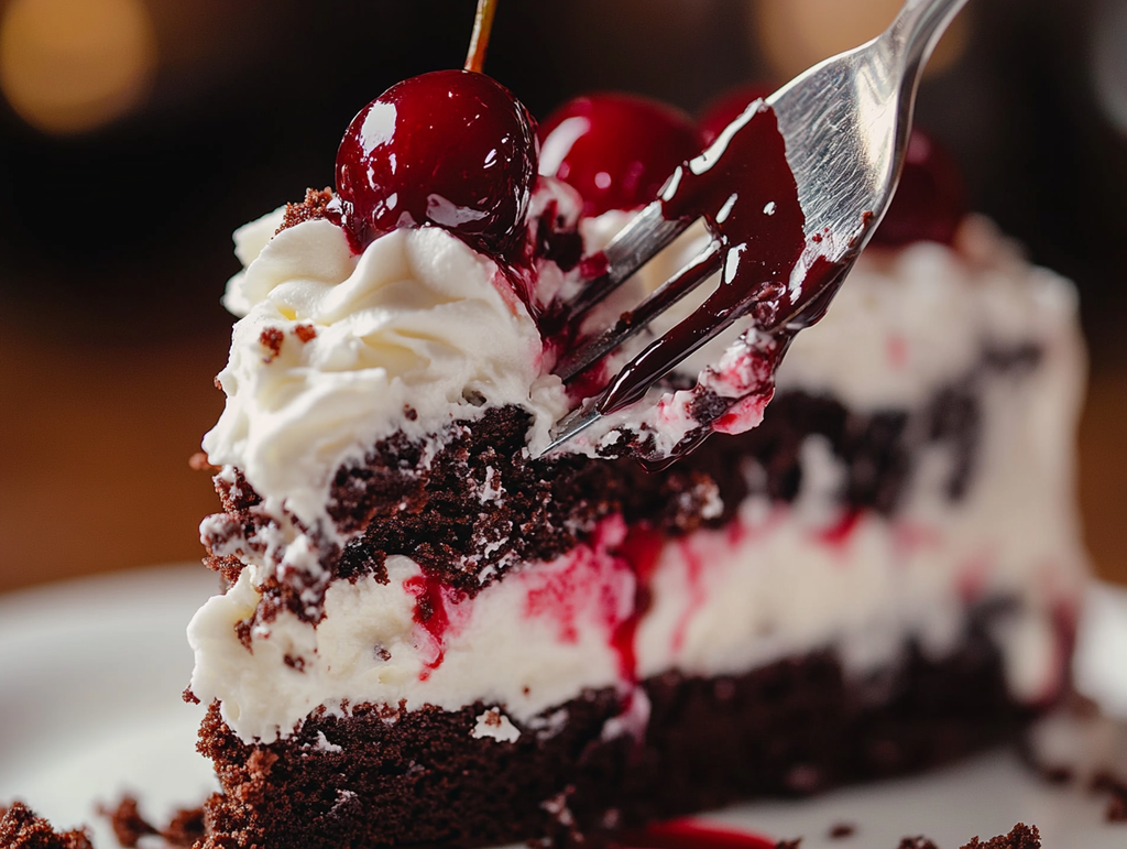 Square slice of Easy Black Forest Sheet Cake topped with cherries and chocolate curls