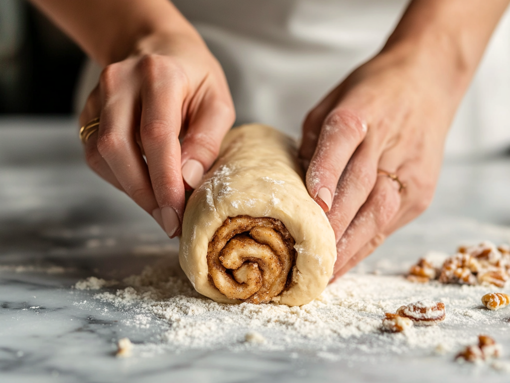 Baker rolling cinnamon sugar dough into a log for cinnamon rolls