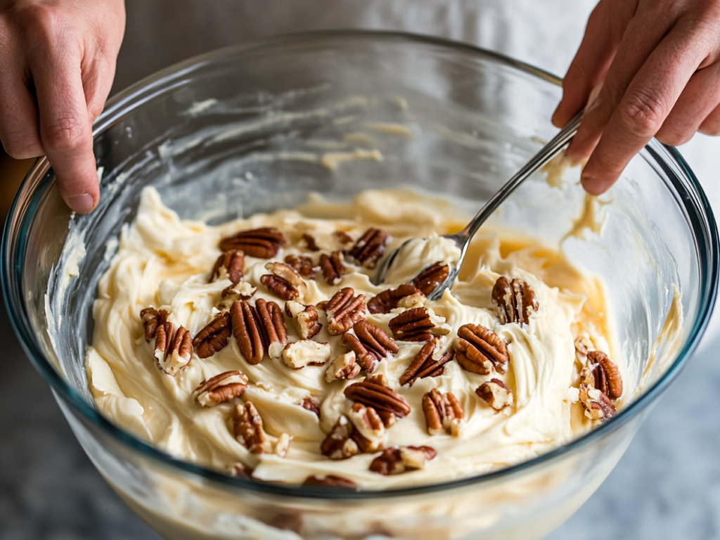 Stirring pecans and coconut into cake frosting