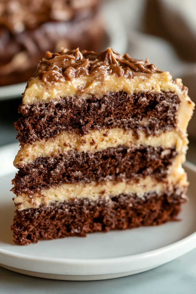 Slice of moist German Chocolate Cake with coconut filling