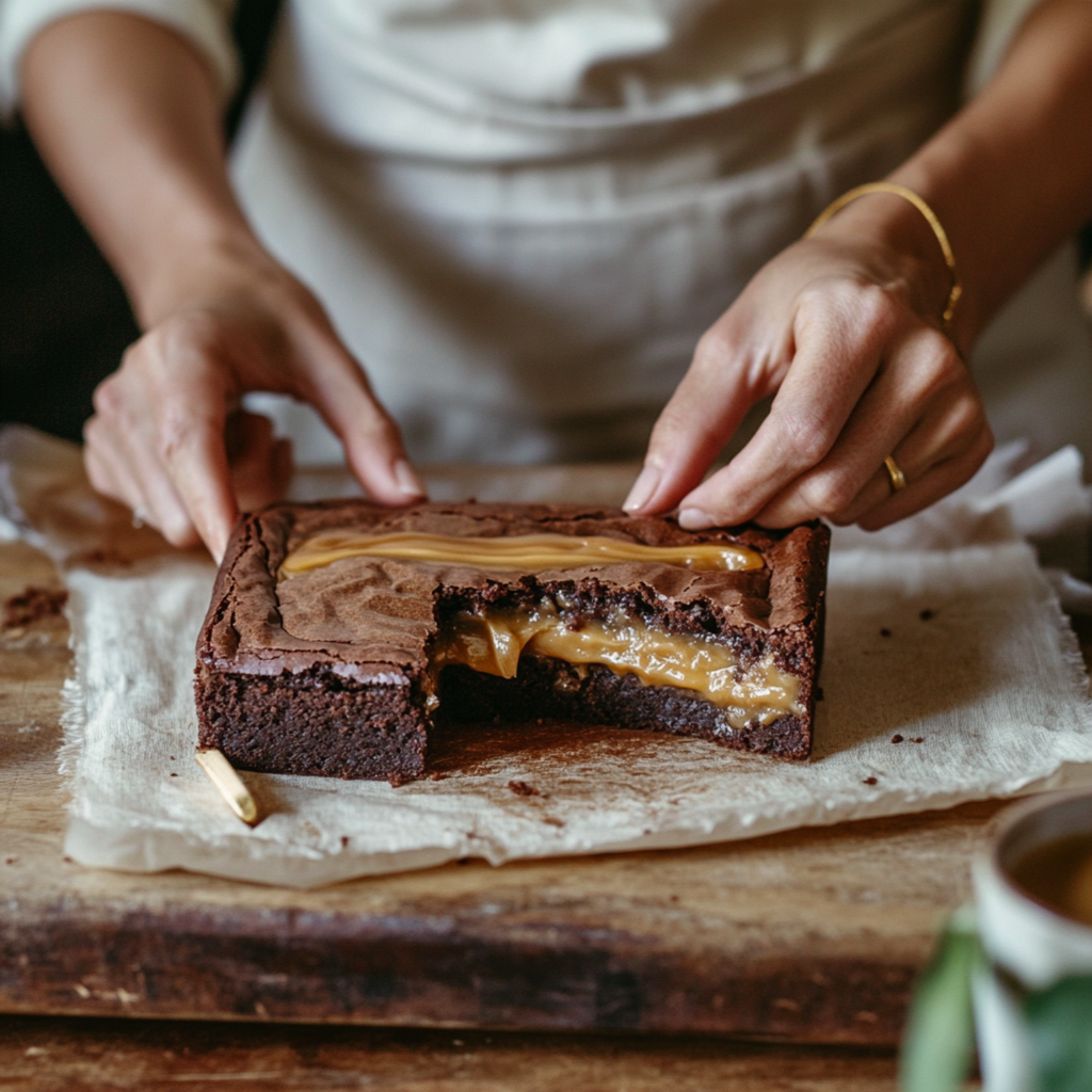 Fudgy brown butter dulce de leche brownies with a rich caramel swirl. Easy one-bowl recipe, ready in under an hour!
