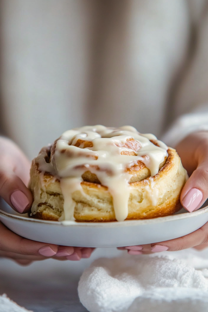 Single soft Classic Cinnamon Roll pulled from pan with dripping cream cheese icing