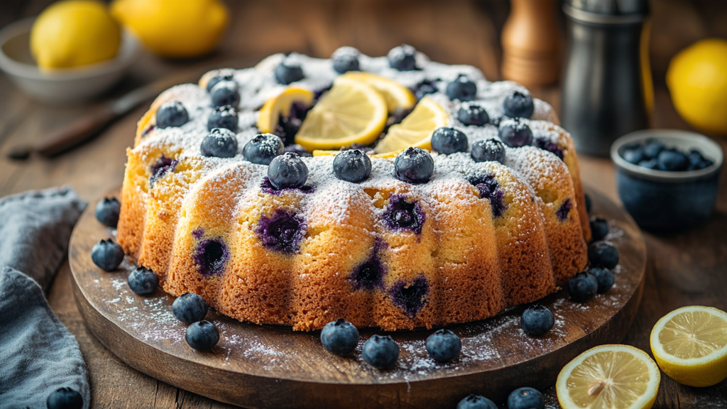Whole Classic Blueberry Lemon Ricotta Cake dusted with powdered sugar and garnished with fresh lemon