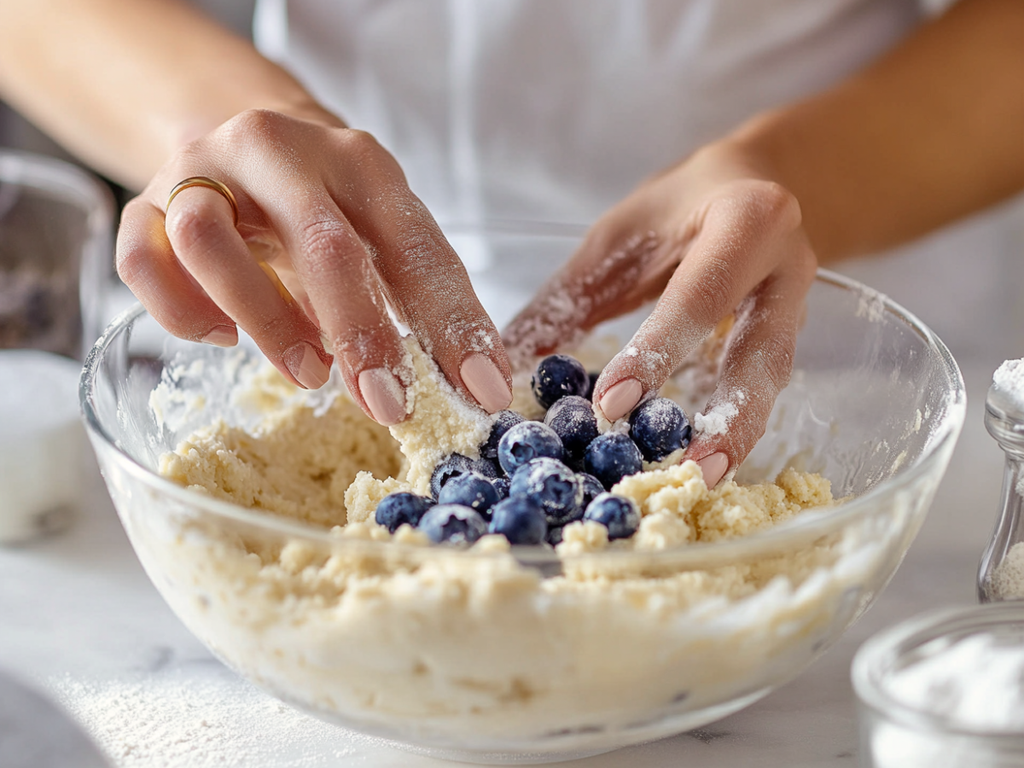 Baker folding fresh blueberries into lemon ricotta cake batter in a glass bowl
