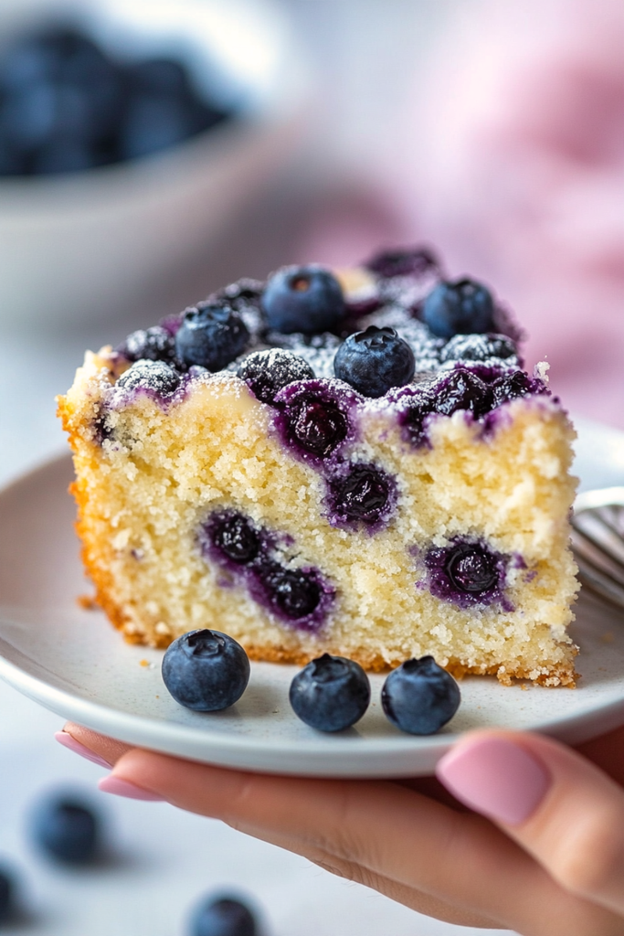 Slice of Classic Blueberry Lemon Ricotta Cake showing moist crumb and fresh blueberries