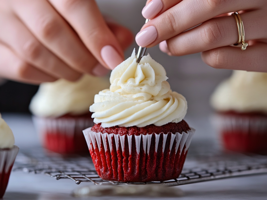 Baker piping cream cheese frosting onto Classic American Red Velvet Cupcake