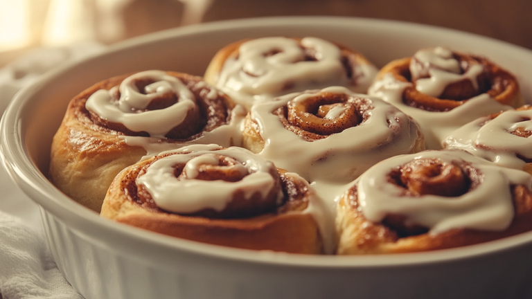 Pan of warm Classic Cinnamon Rolls with melted cream cheese frosting
