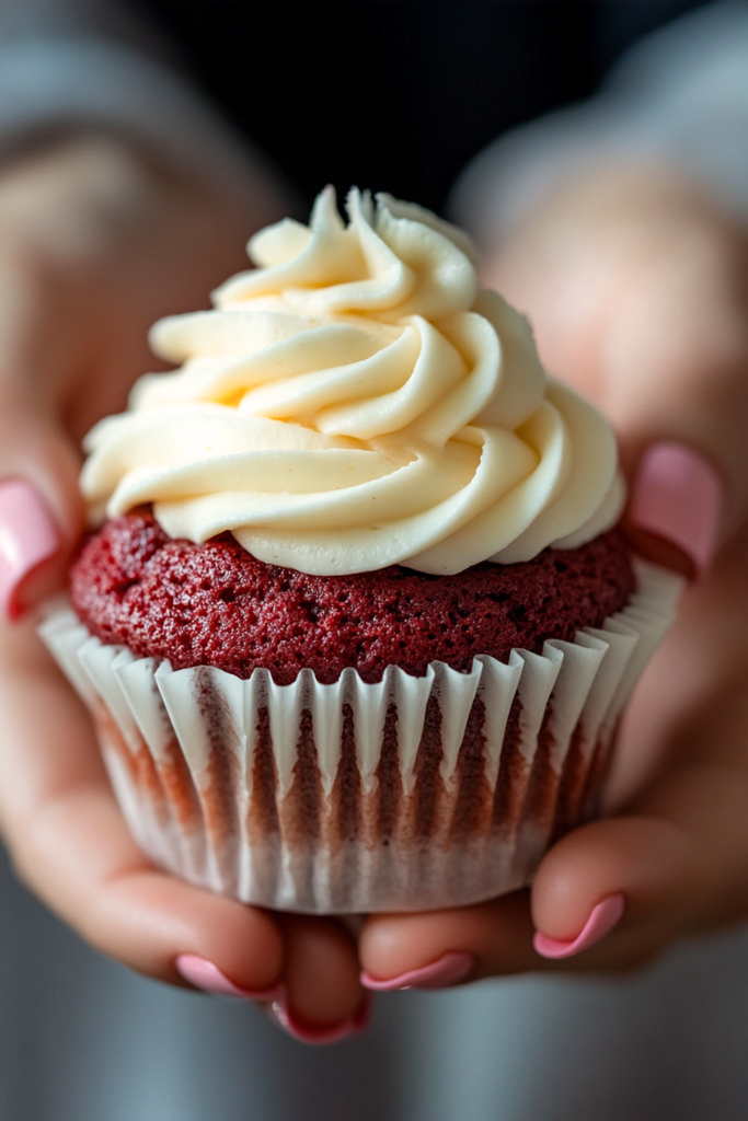 Single Classic American Red Velvet Cupcake with rich red sponge and cream cheese swirl