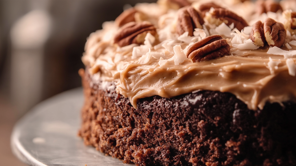 Whole German Chocolate Cake with caramelized coconut pecan frosting