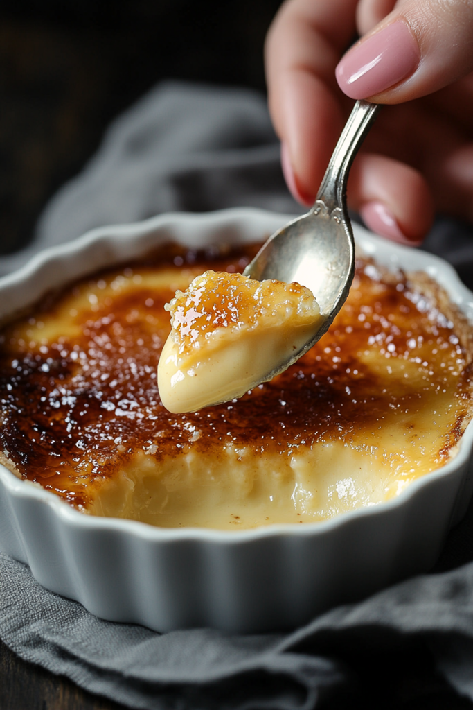 Spoon cracking through the caramelized sugar lid of Classic French Creme Brulee
