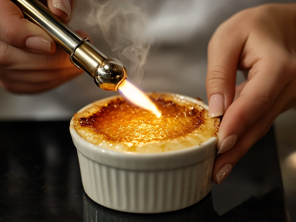 Baker torching sugar on top of Classic French Creme Brulee with a blowtorch