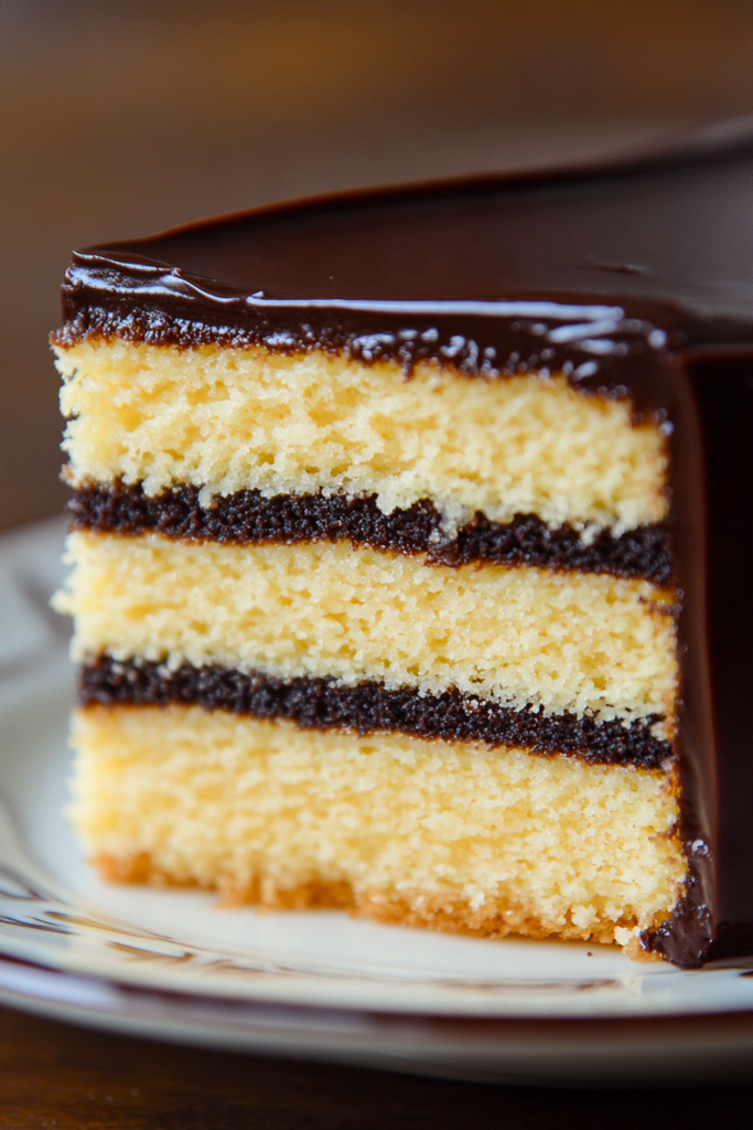 Slice of Boston Cream Pie on a dessert plate