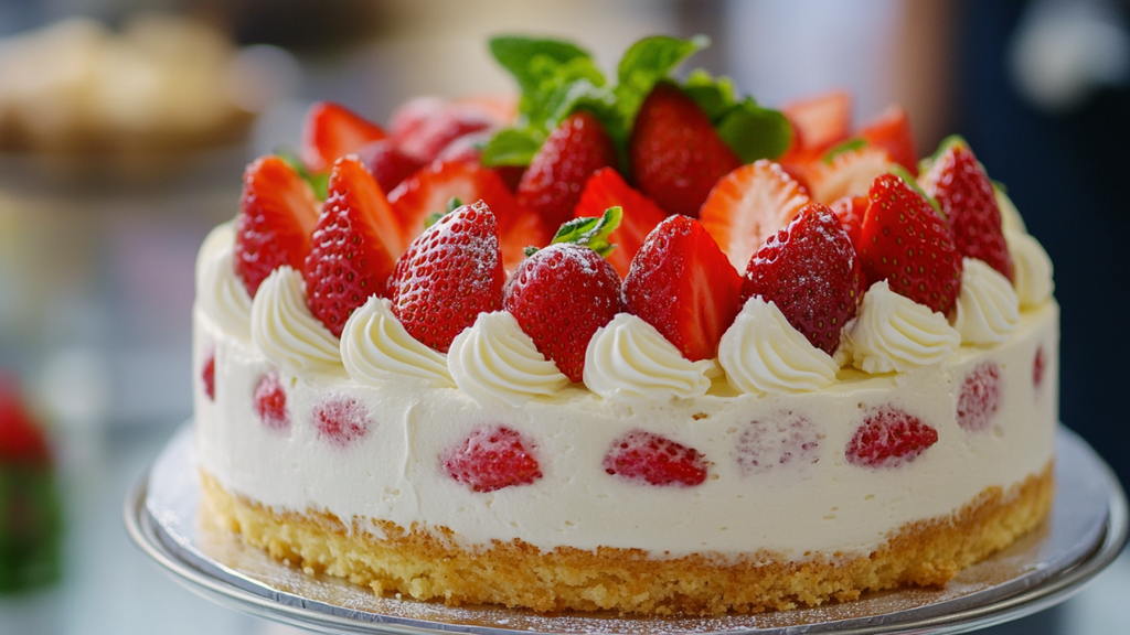 Whole Classic French Fraisier Cake with fresh strawberry border and genoise sponge