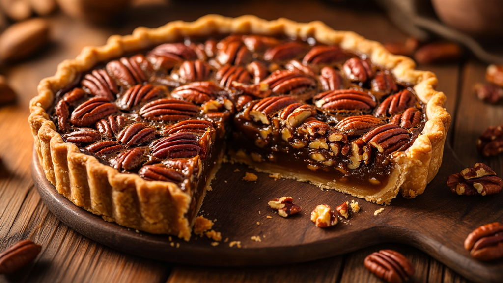 Whole Decadent Caramel Pecan Pie with toasted pecans and golden caramel filling