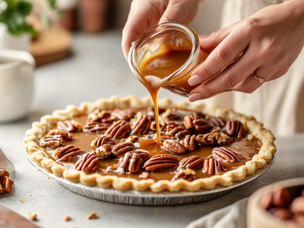 Baker pouring caramel filling over pecans inside a blind baked pie shell