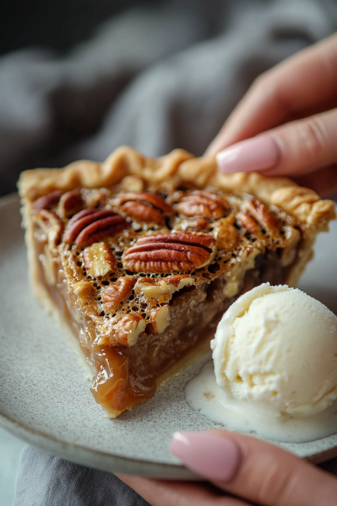 Slice of Decadent Caramel Pecan Pie served warm with vanilla ice cream