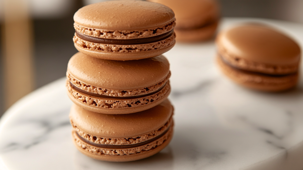 Stack of Classic French Macarons with Chocolate Ganache showing ruffled feet and smooth almond shells